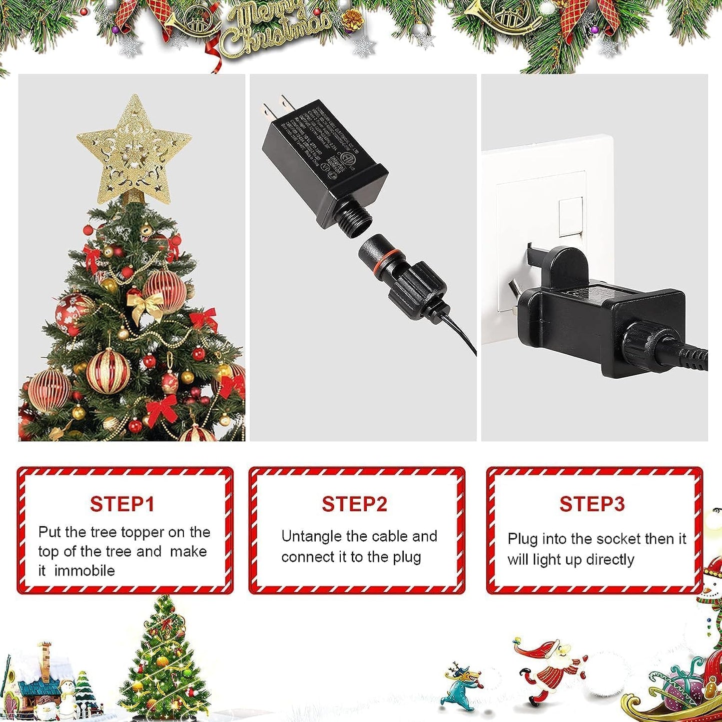 Christmas Tree Topper Lighted with Snowflake Projector, LED Rotating 3D Glitter Tree Topper for Christmas Tree, Christmas Decorations Lights (Golden Star Tree Toppers)