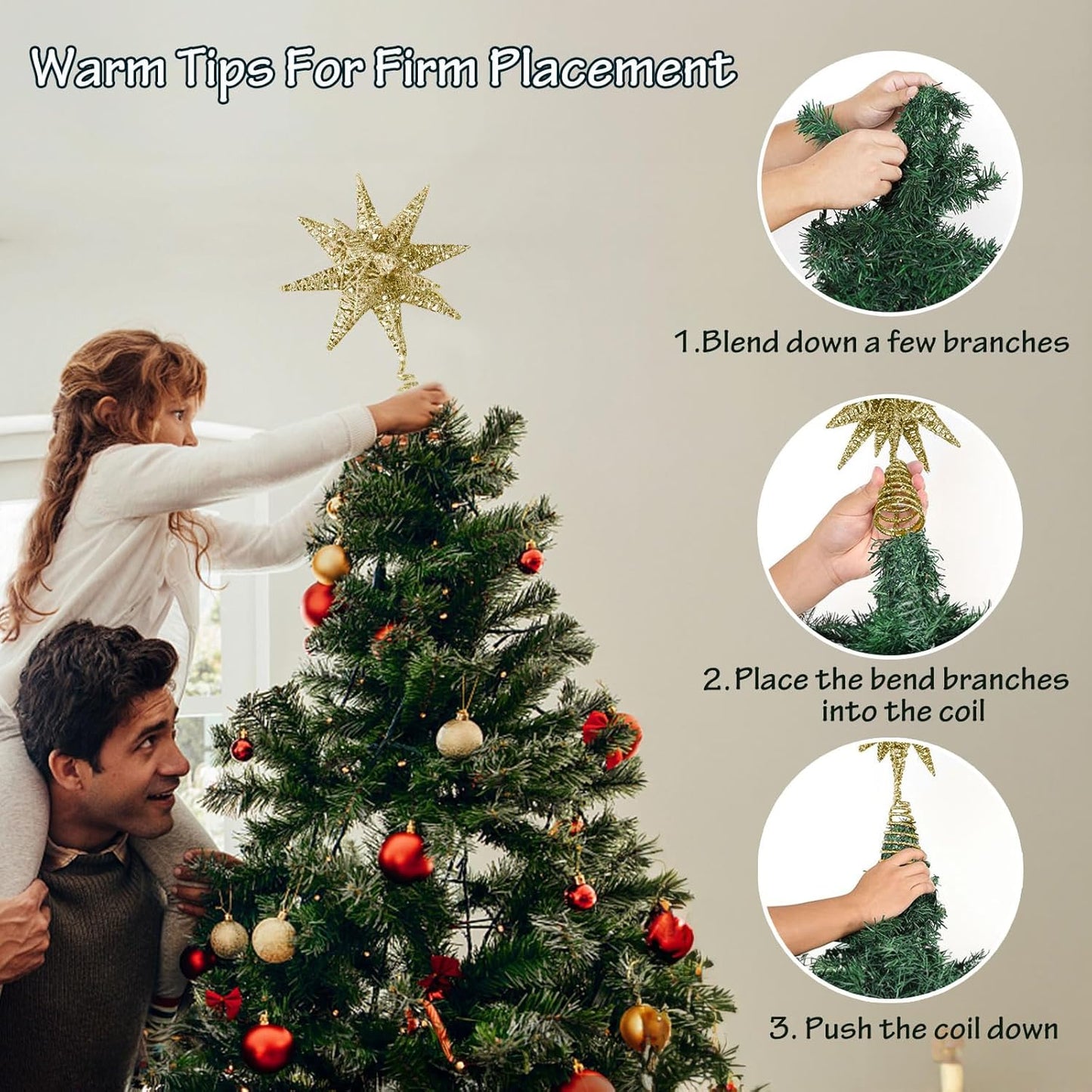 Christmas Tree Topper Star Gold with Warm White 50 LED Lights, Star Tree Topper for Christmas Tree Tradition Moravian Decor, 11X 7.87 Inch with 5m Long Line, Estrella para Arbol De Navidad