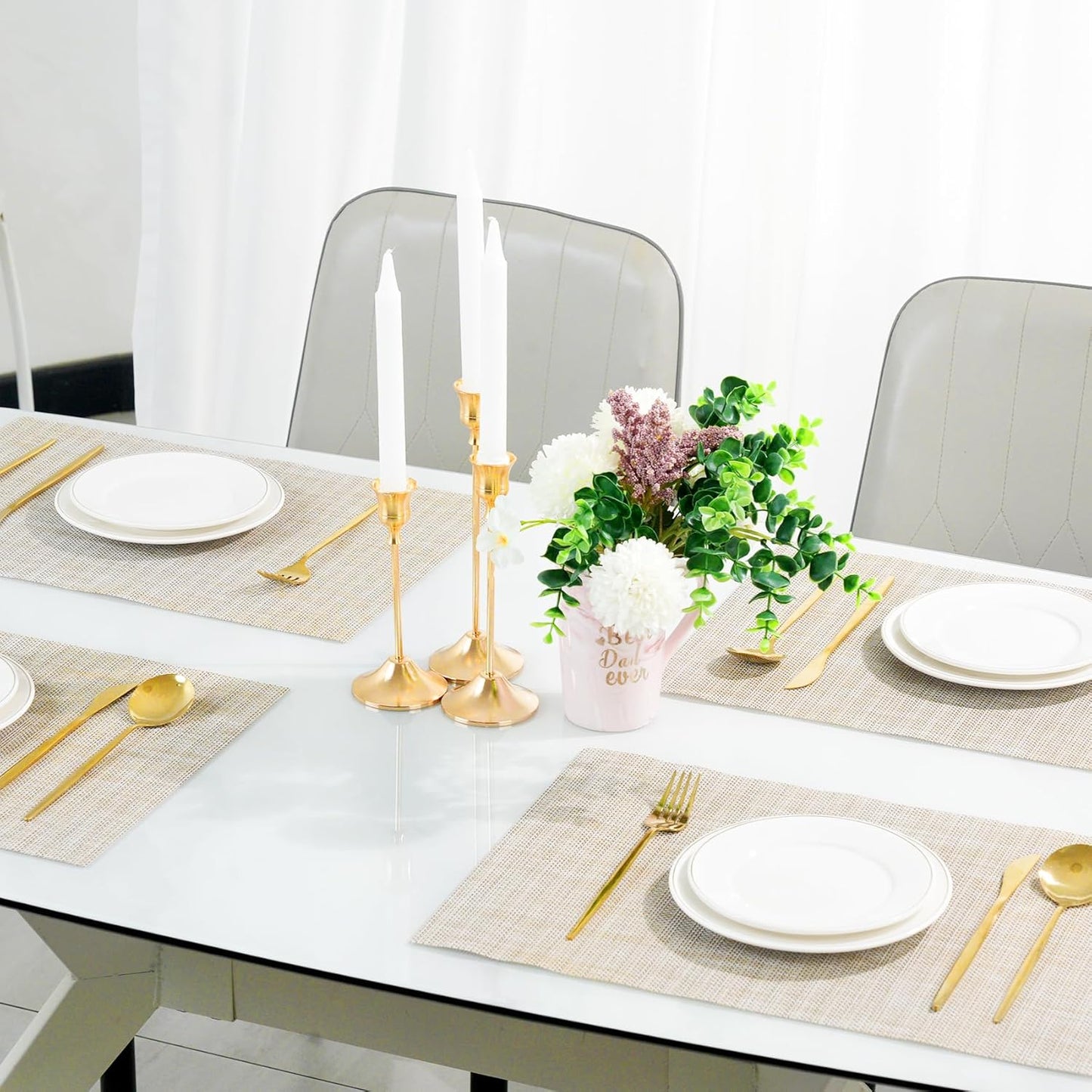 Placemats Set of 6，Non-Slip PVC Weave Table Mats Easy to Clean，Heat Resistant Place Mats for Kitchen Dining Table Decoration Indoor Outdoor，Beige White