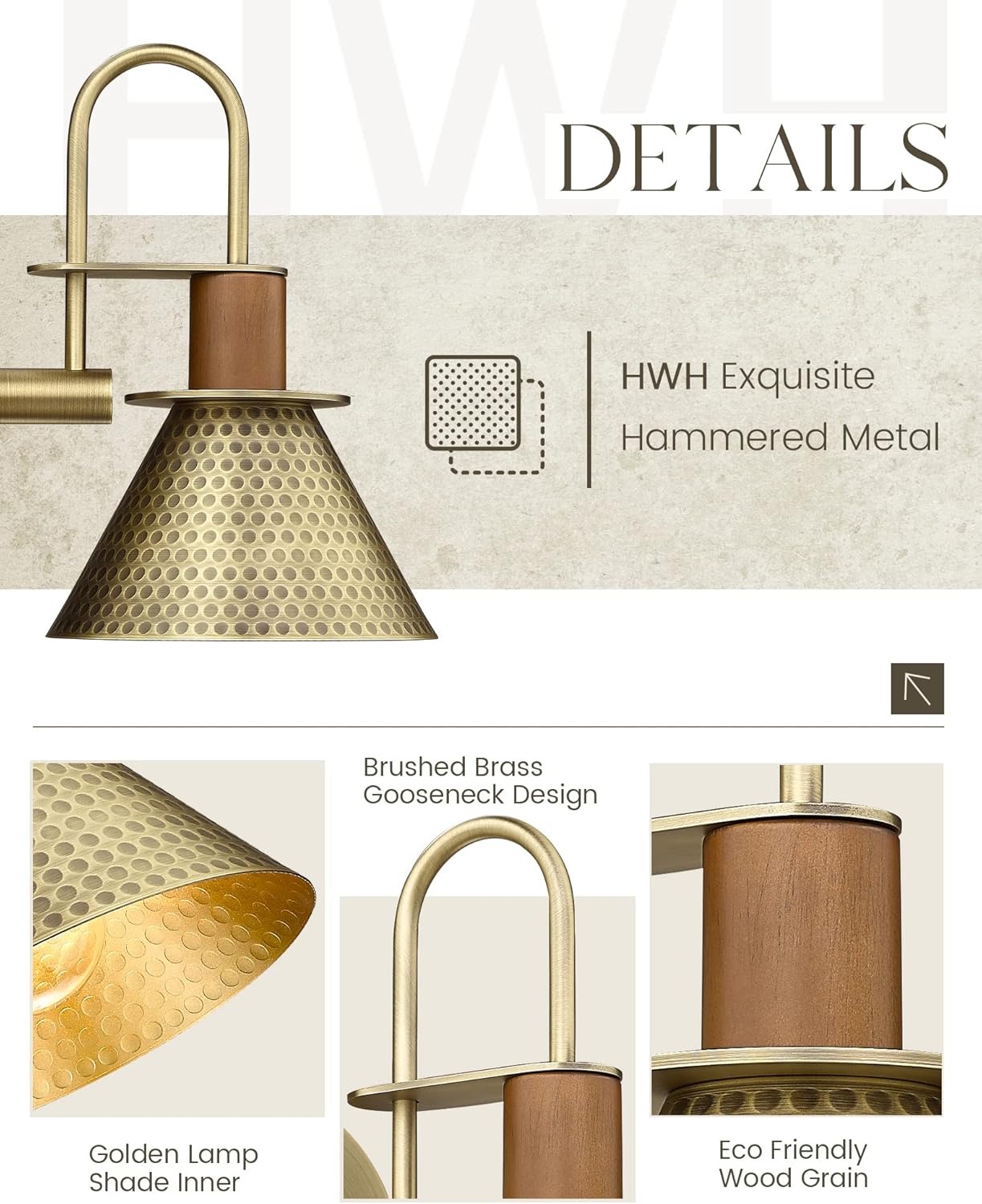 Industrial Wall Sconces Set of Two, HWH Indoor Wall Light Fixtures Gooseneck Barn Light, Single Wall Vanity Lamp for Bedroom Bedside Kitchen, Hammered Metal Shade, Antique Brass Finish, 5HZG74B-2L BG