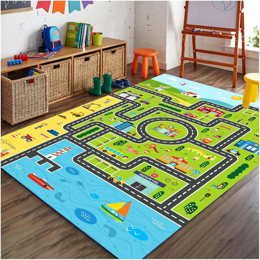 Kids Rug Playroom Car Rug Play Mat City Life Road Rugs Fun City Map for Kids Toy Cars,Carpet for Bedroom Boys (Green-Rug, 4x6ft)