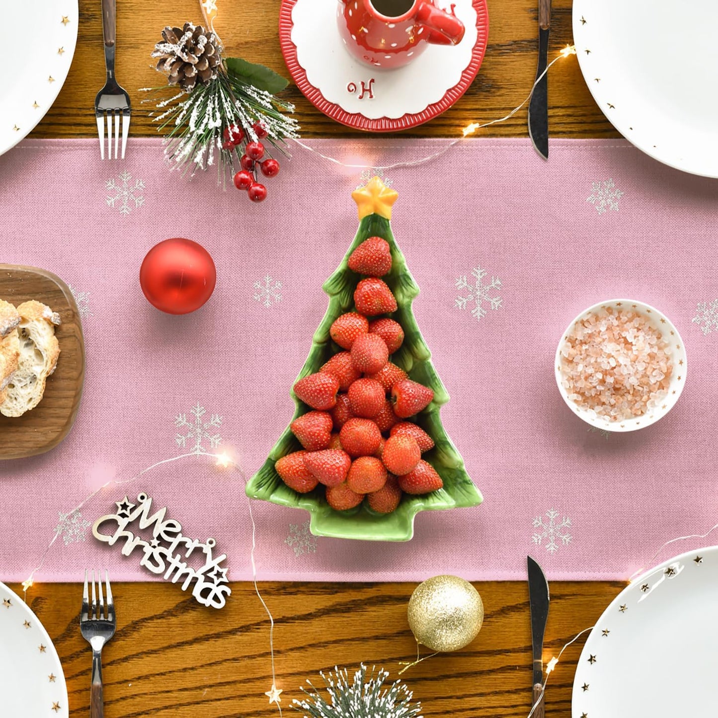 Artoid Mode Xmas Trees Snowflakes Pink Merry Christmas Table Runner, Winter Seasonal Kitchen Dining Table Decoration for Home Party Decor 13x120 Inch