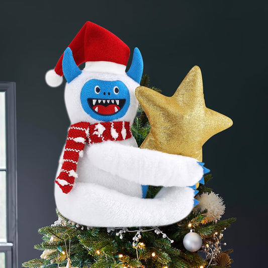 Bigfoot Snowman Christmas Tree Topper Decorations with Glitter Star Xmas Ornaments Home Decor 3D Wreath Attachment Winter Holiday Festive Gift Fits for Small 3-4ft Tree Fabric