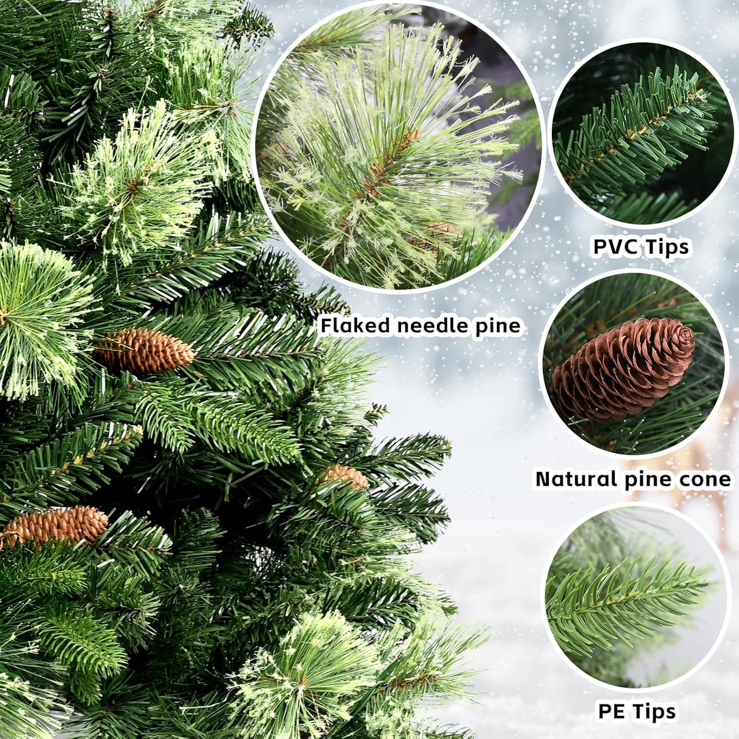 Kadunmina 7.5ft Artificial Christmas Tree Carolina Pine Tree, Unlit Hinged Premium Xmas Trees with 1645 Branch Tips, Pine Cones, Foldable Metal Stand for Home, Office, Holiday Party Decoration