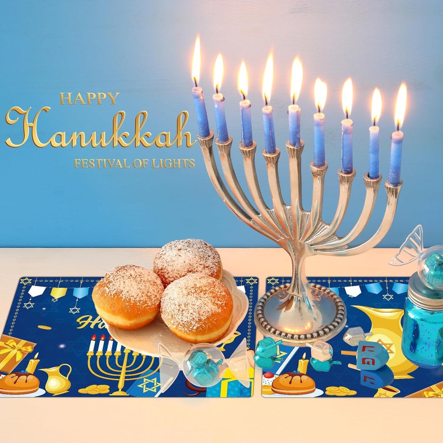 Hanukkah Placemats Set of 6 Festival of Lights Table Mats Plastic Passover Recyclable Place Mats Washable Holiday Table Decoration for Indoor Outdoor Hanukkah Party Kitchen Dining