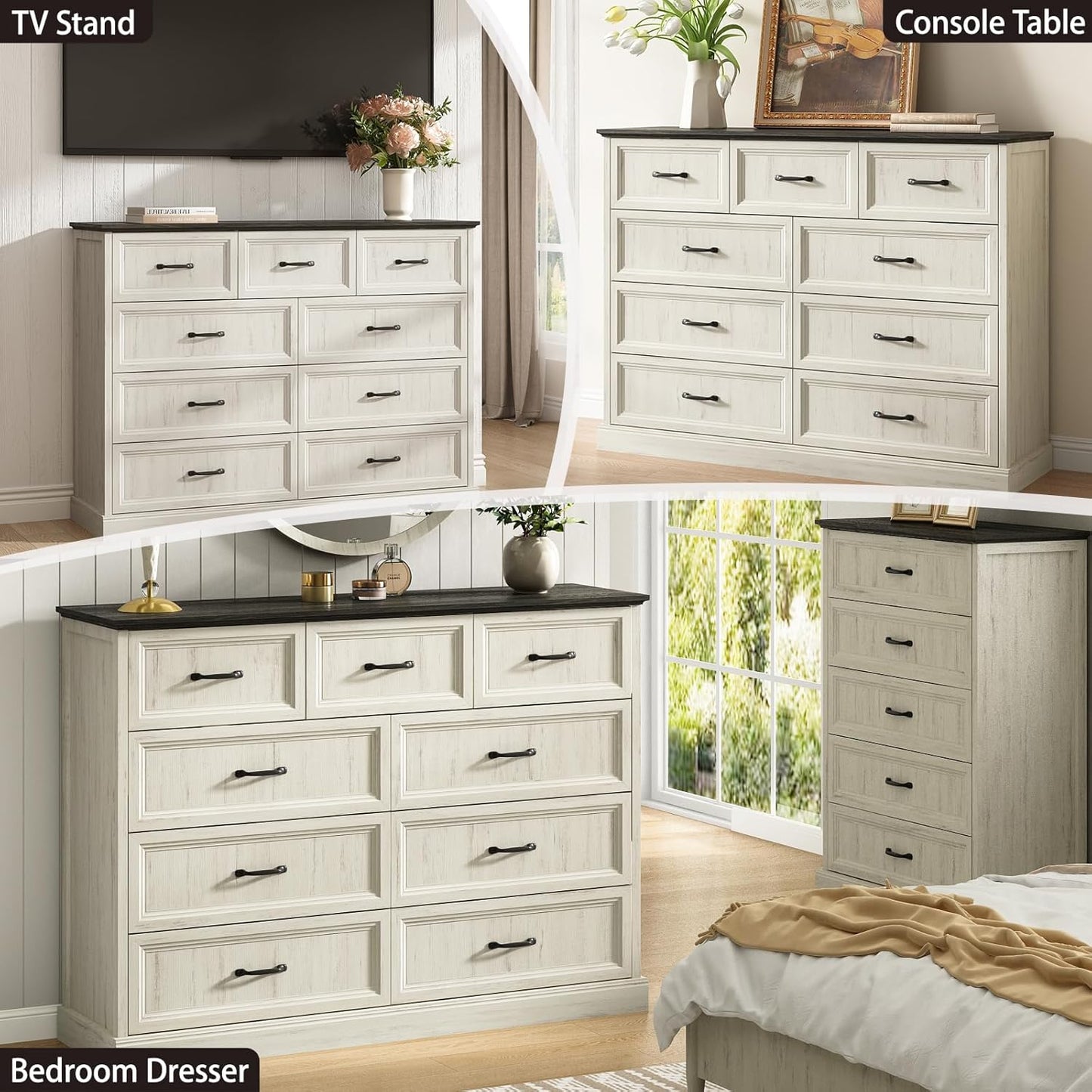 Farmhouse 9 Drawer Dresser for Bedroom, 55 Inch Wide Modern White Dresser TV Stand with Large Drawers & Bar Handles, Rustic Wood Chest of Drawers for Bedroom, Living Room, Hallway, Entryway.