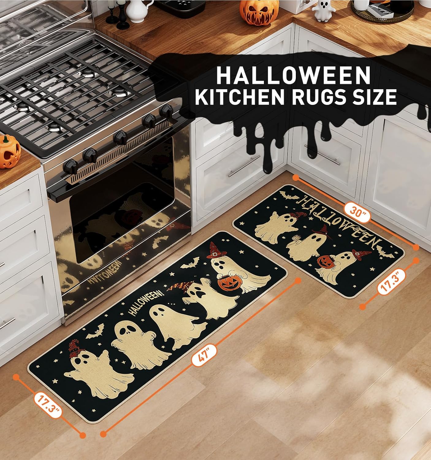 Halloween Kitchen Mat Set of 2, Pumpkin Ghost Bat Halloween Kitchen Decor, Halloween Rug for Floor, Indoor Spooky Home Decor with Non-Slip Backing,17 x 29 Inch & 17 x 47 Inch