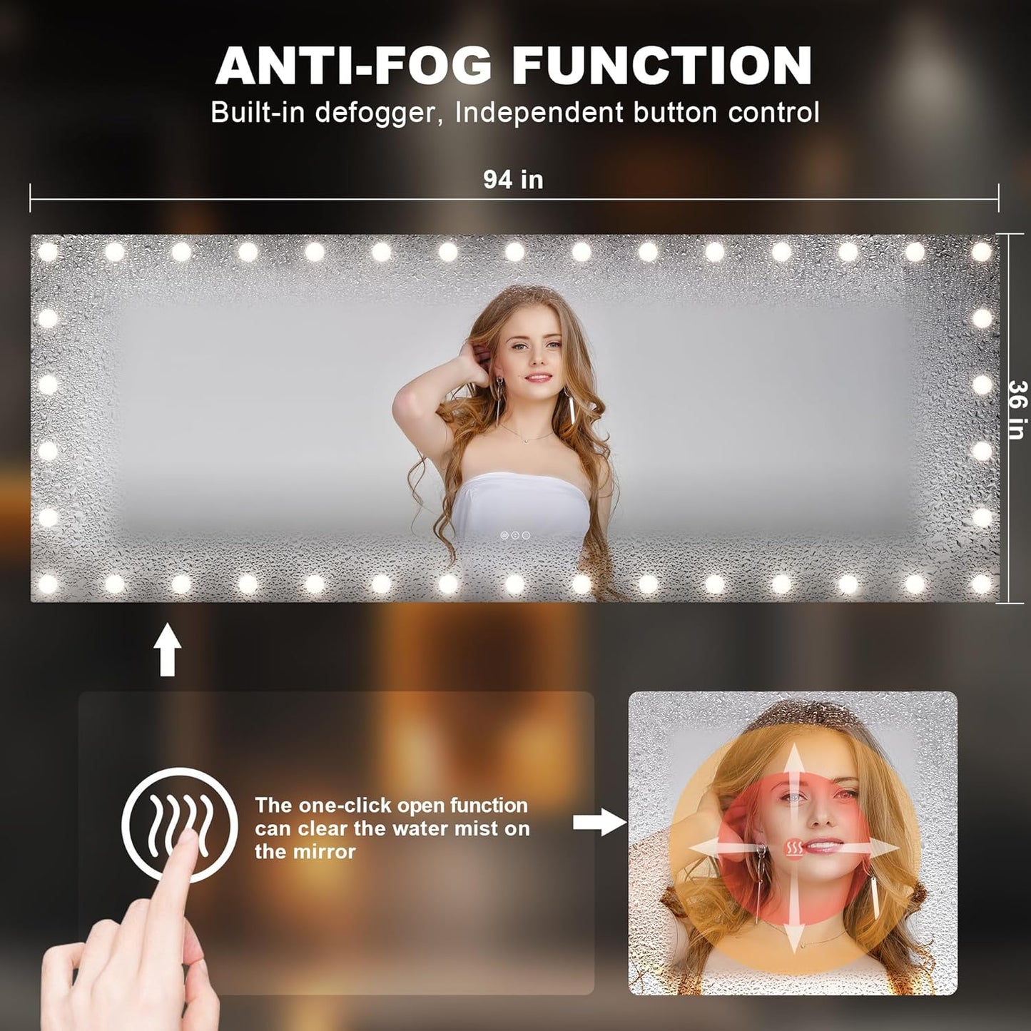 Hasipu LED Bathroom Mirror with Lights, 94" x 36" Hollywood Wall-Mounted Bathroom Mirror with 38 Dimmable Bulbs, 3 Colors Modes, Touch Control, Anti-Fog, Memory Function, Shatter-Proof, ETL Listed