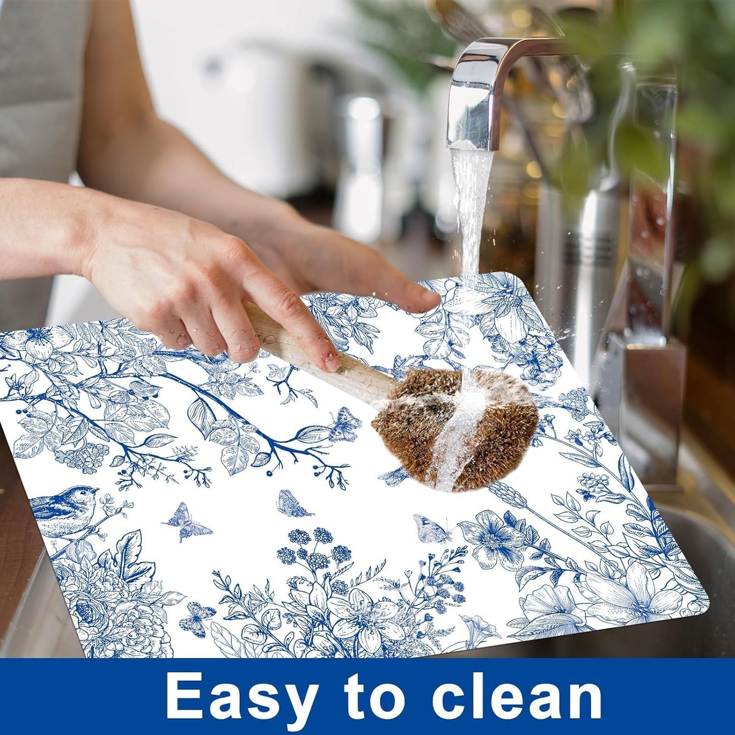 Blue Floral Placemats Set of 6 Flower Bird Plastic Table Mats Seasonal Spring Placemats Chinoiserie Place Mats Rustic Vintage Table Decoration for Indoor Outdoor Party Kitchen Dining