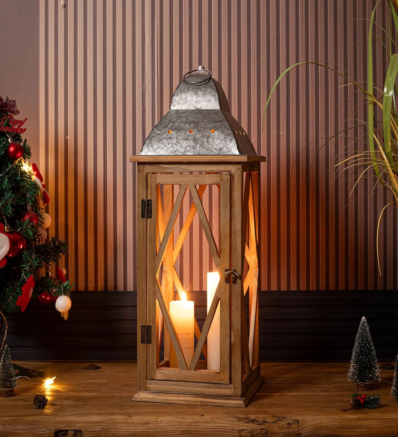 Large Farmhouse Wooden Metal Lantern Set of 2, Rustic Decorative Floor Candle Lanterns, Indoor/Outdoor Hanging Lanterns for Home Decor (No Glass)