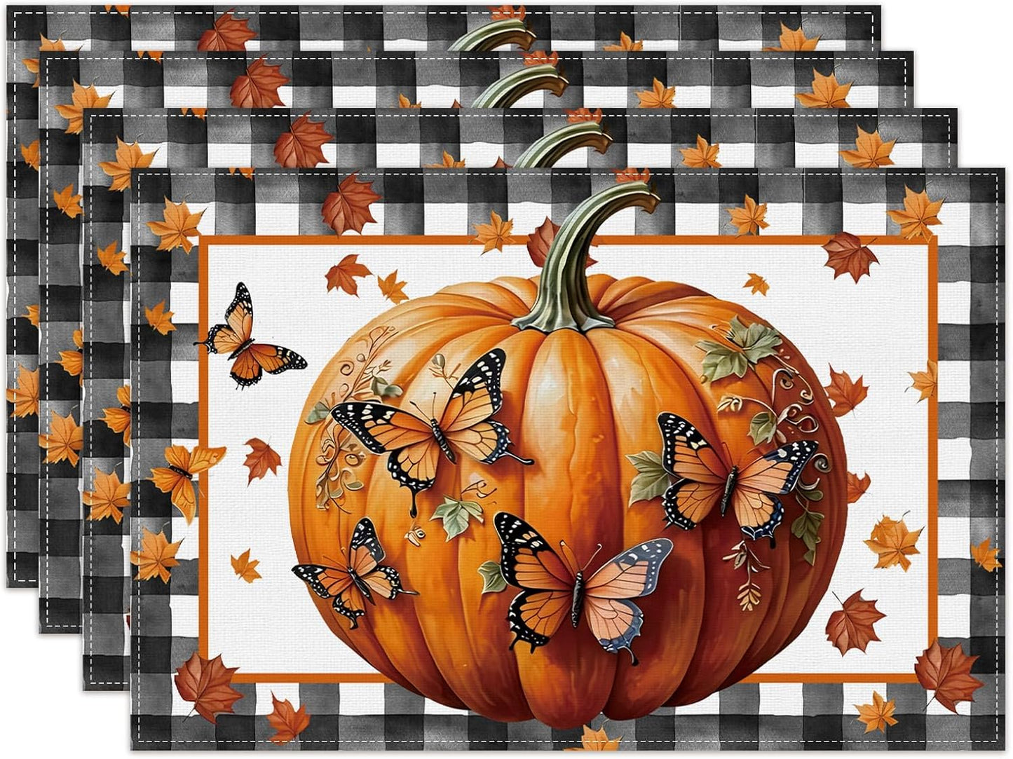Linen Fall Placemats Set of 4 Fall Table Mats Farmhouse Pumpkin Butterfly Decor for Home Autumn Thanksgiving Home Kitchen Dining Room Table Decorations