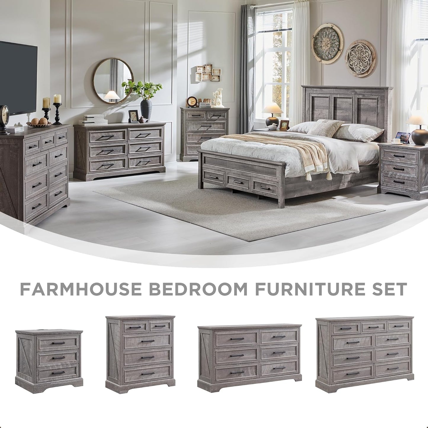 Farmhouse 6 Drawer Dresser for Bedroom, 52 Inch Wide Modern Dresser TV Stand with Large Drawers & Bar Handles, Rustic Wood Chest of Drawers for Bedroom, Living Room, Hallway, Grey