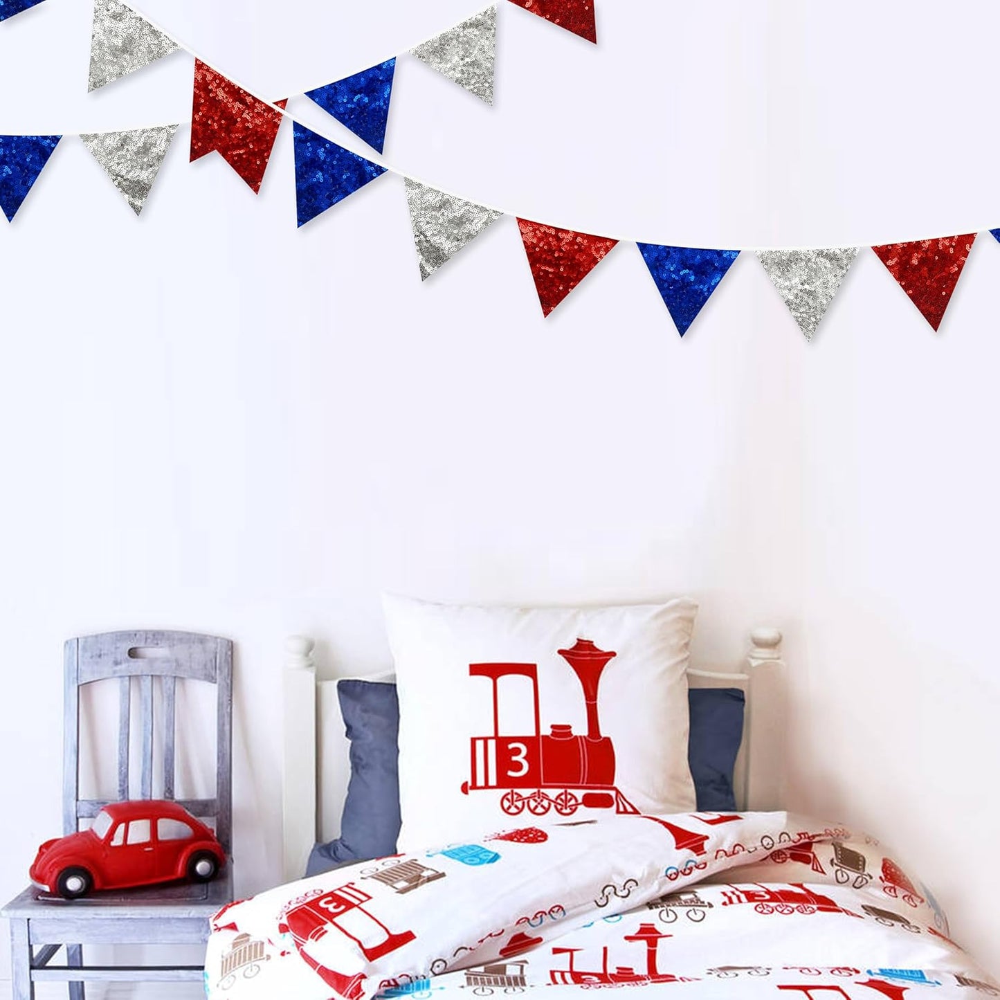pinkblume Red Blue Silver Decorations Double Sided Sequin Fabric Triangle Pennant Banner Flag Bunting Garland for Nursery Classroom Home Bedroom Wall 4th of July American Veterans USA Holiday Decor