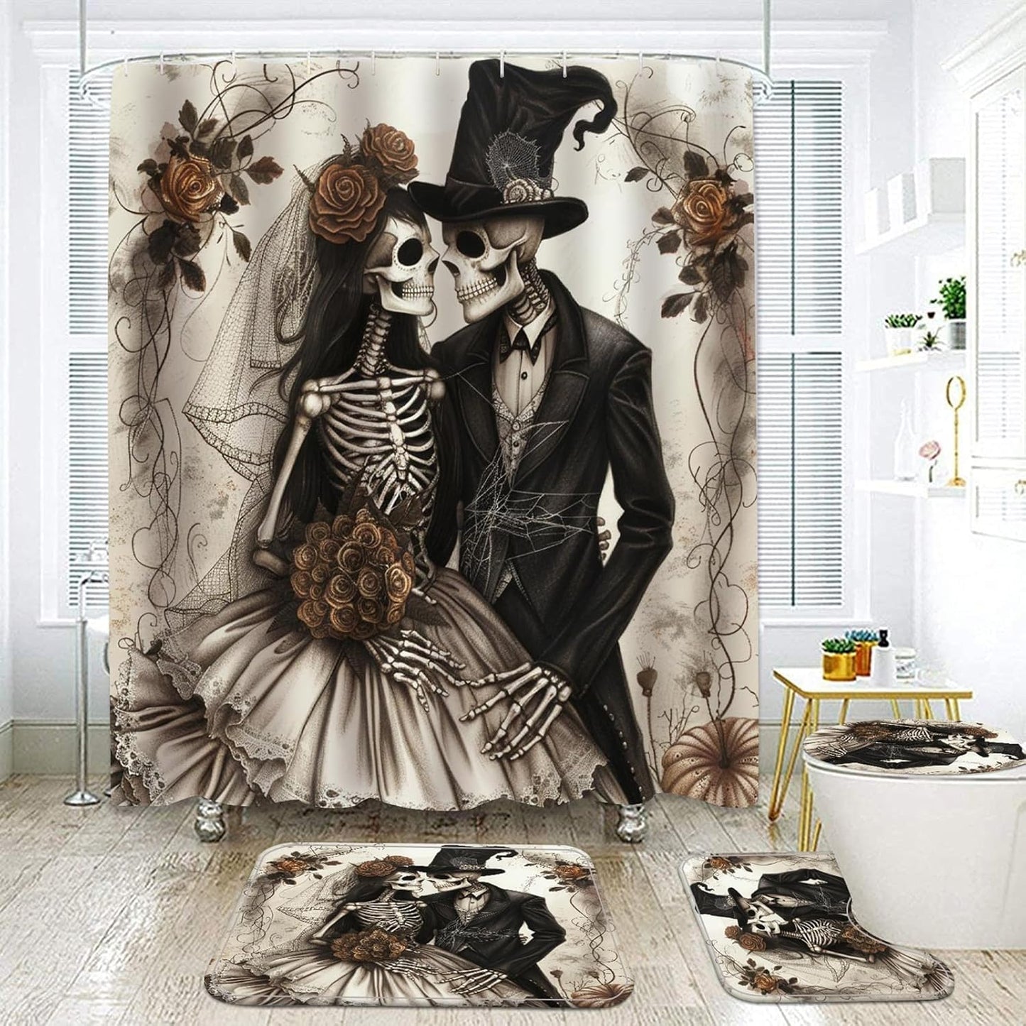 NEWSUYAA Halloween Decorations Shower Curtain Set with Non-Slip Rugs and Bath Mats,Black Skull Skeleton Bathtub Curtains with 12 Hooks,All Saints'Day (Nov 1st) Bathroom Decor