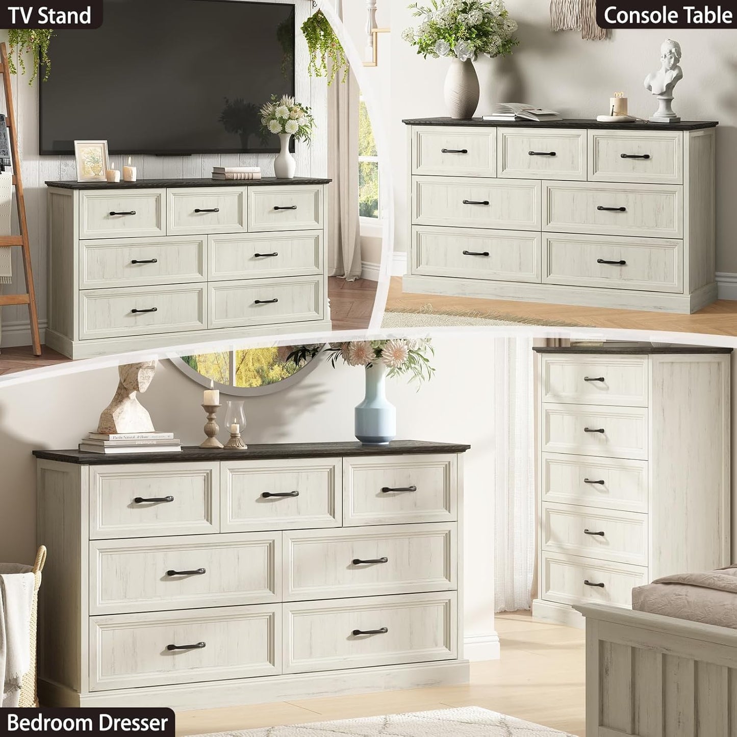 Farmhouse 7 Drawer Dresser for Bedroom, 55 Inch Wide Modern White Dresser TV Stand with Large Drawers & Bar Handles, Rustic Wood Chest of Drawers for Bedroom, Living Room, Hallway, Entryway.