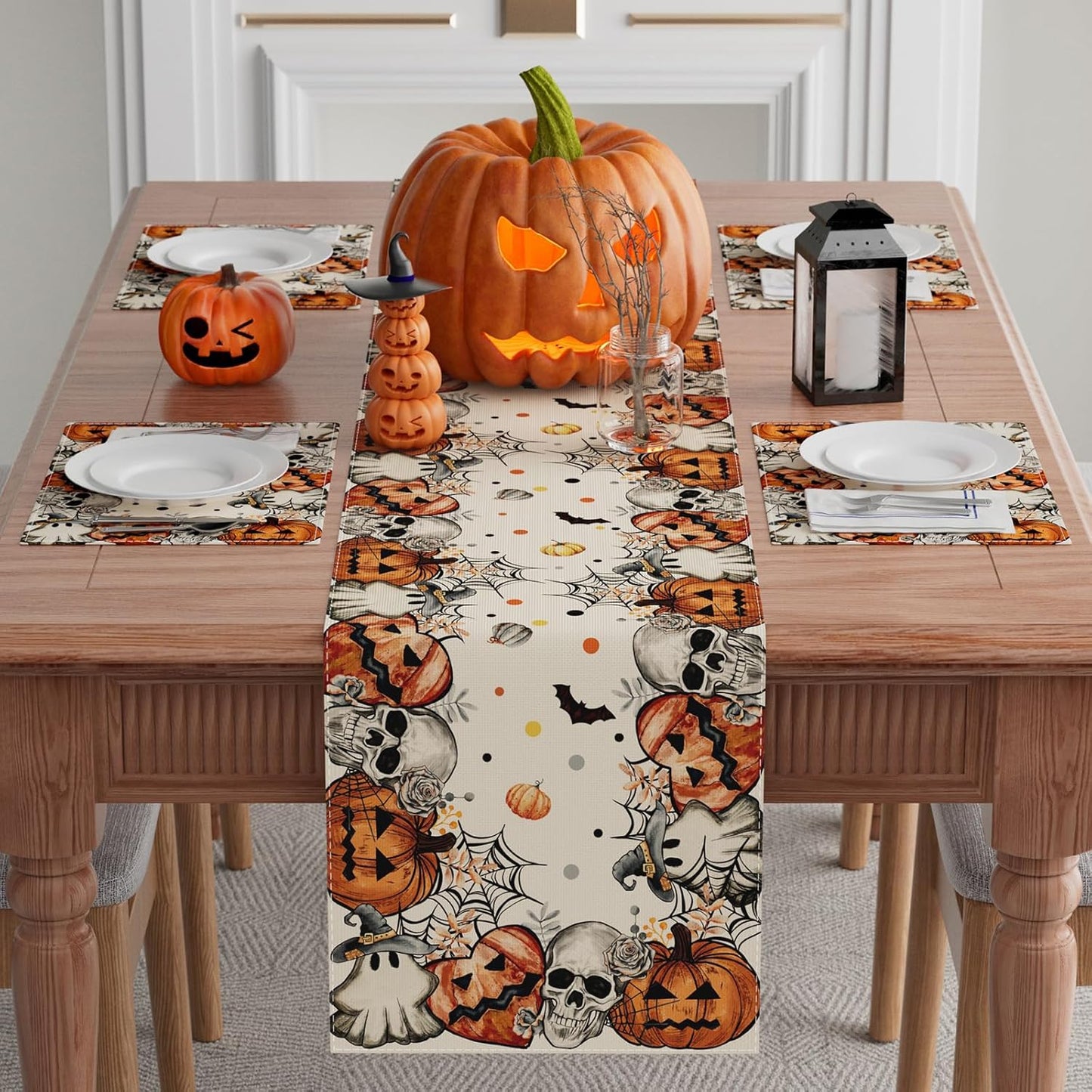 XCHI Spooky Skeleton Ghost Pumpkin Halloween Table Runner Party Table Decoration for Home Kitchen Dining Holiday Decor 13x60 Inch