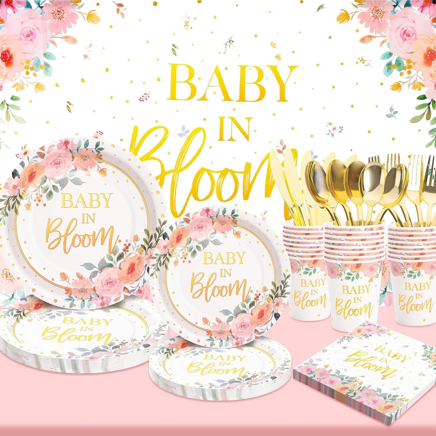 169 Pcs Baby in Bloom Baby Shower Decorations for Girl , Its a Girl Baby Shower Plates and Cups and Napkins Sets, Pink Floral Plates Serves 24, Spring Summer