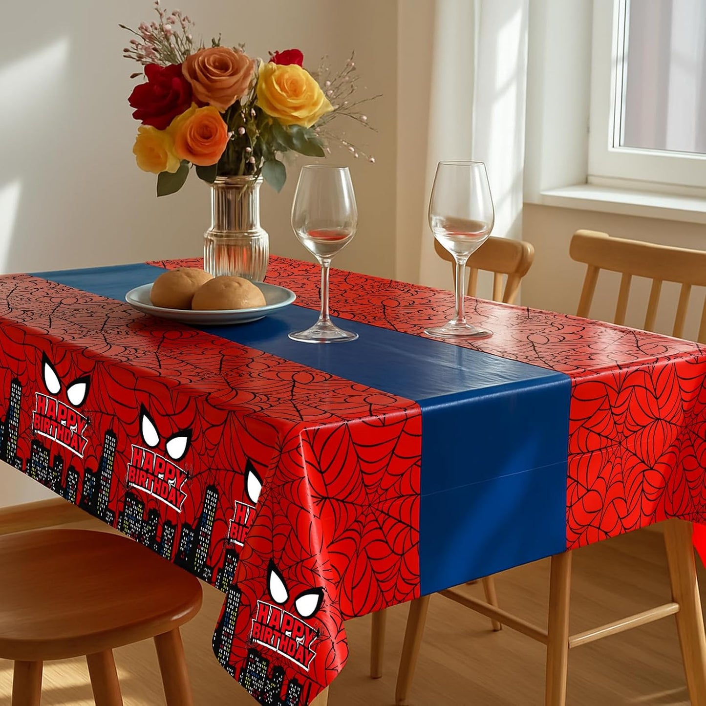 8Pcs 2in1 Spider Birthday Decorations Tablecloths, 54" x 108" Super Hero Spider Table Cloth Disposable Rectangle Plastic Table Cover for Boys Birthday Party Supplies