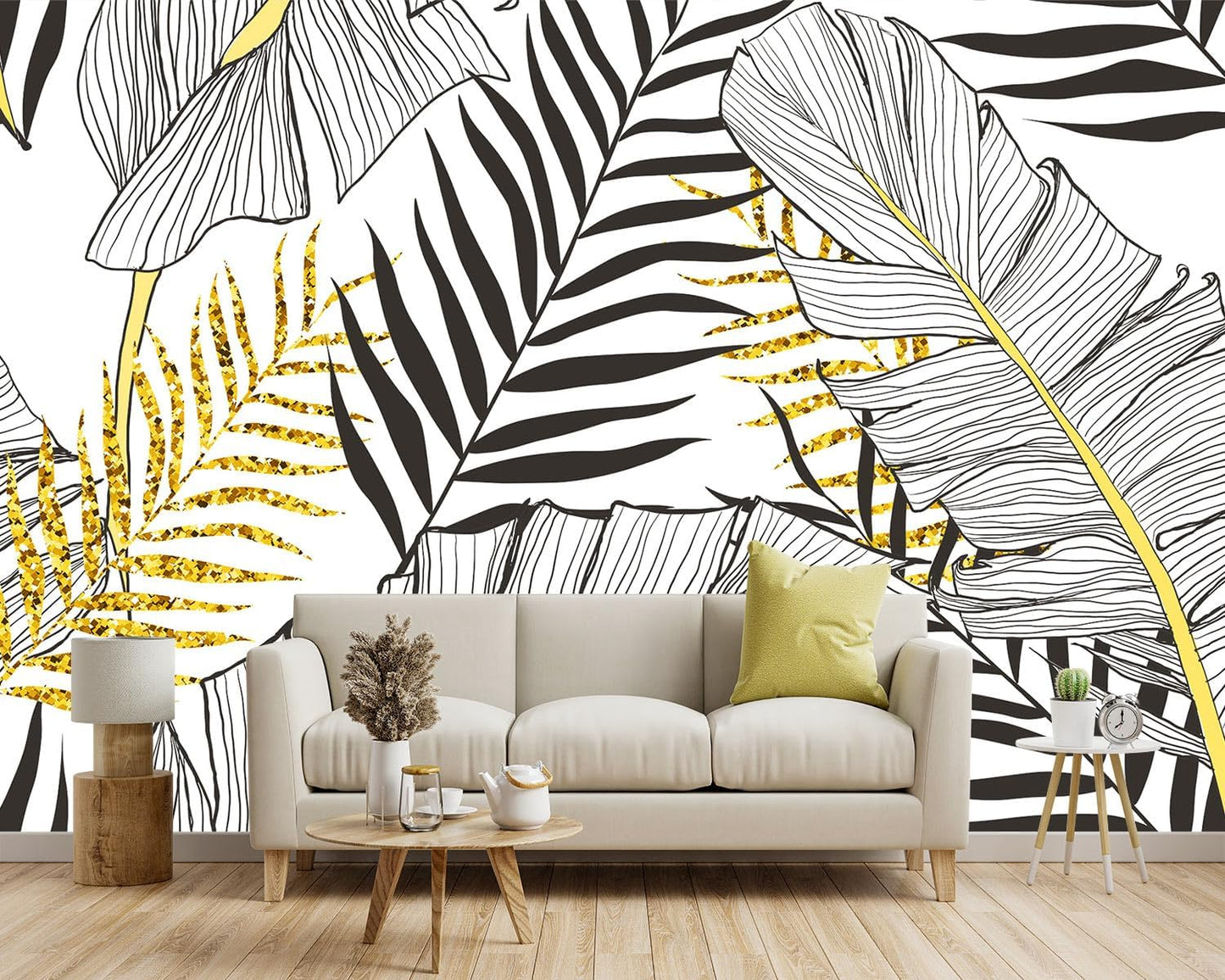 -Black and Gold Tropical Botanical Banana Leaf Fabric Wallpaper Living Room Bedroom Bathroom Abstract Plant Wall Mural- 91"x65"（ not Peel and Stick）