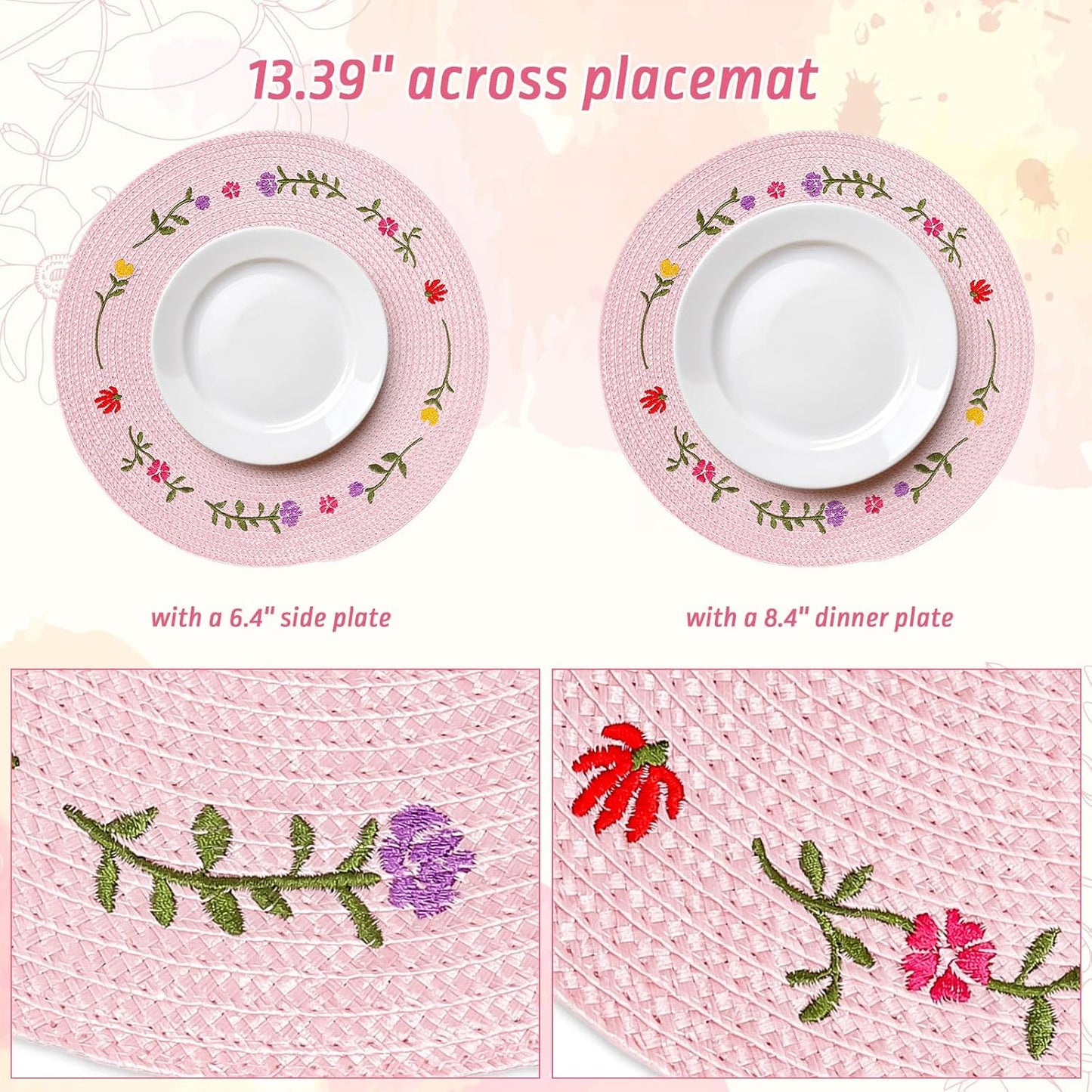 Whaline 4Pcs Round Placemats Spring Flower Embroidered Place Mats Pink Floral Dinner Table Mats for Home Holiday Wedding Bridal Baby Shower Birthday Party Decor