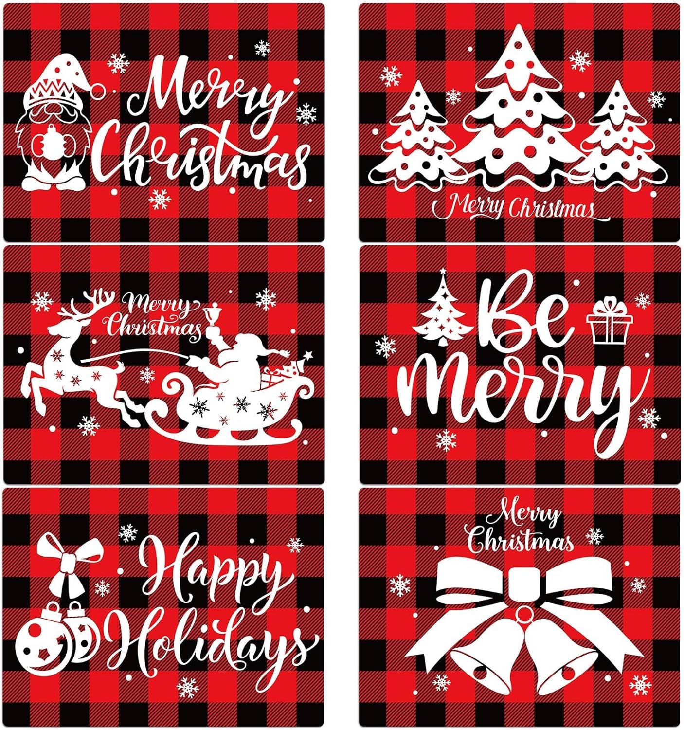 Christmas Placemats Set of 6 Red and Black Plaid Table Mats Plastic Xmas Recyclable Place Mats Washable Holiday Table Decoration for Indoor Outdoor Christmas Party Kitchen Dining