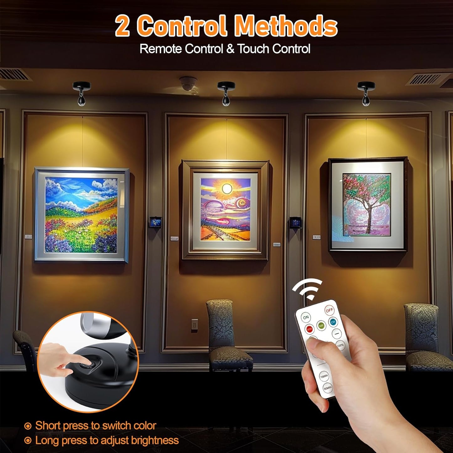 4 Pack Wireless LED Spotlights Indoor, Plant Battery Operated Tree Lights, Uplighting Picture Light with Remote, Accent Lights for Display Artwork Dartboard