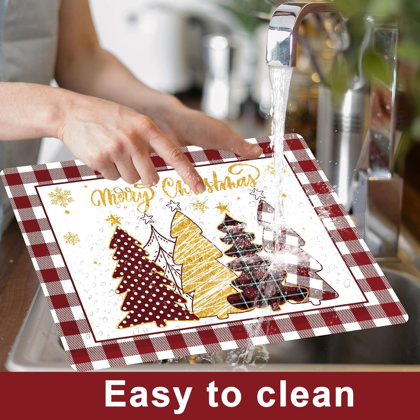 Winter Christmas Placemats Set of 6 Merry Christmas Watercolor Buffalo Plaid Plastic Table Mats Red Gold Xmas Trees Place Mat Holiday Table Decoration for Indoor Outdoor Party Kitchen Dining