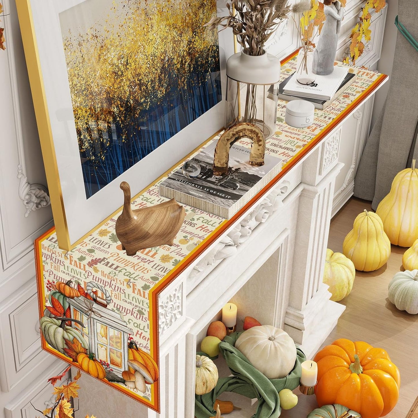 Linen Fall Table Runner - 72 Inch Farmhouse Leaves Pumpkin Table Decor Autumn Thanksgiving Home Kitchen Dining Room Decorations