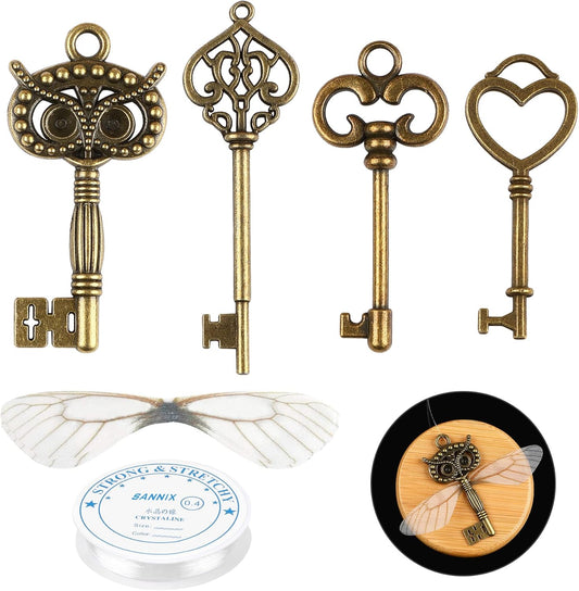 SANNIX 30 PCS Vintage Skeleton Keys Flying Keys with 30 Pairs Dragonfly Wings and 30 Yards Elastic String for Party Decorations