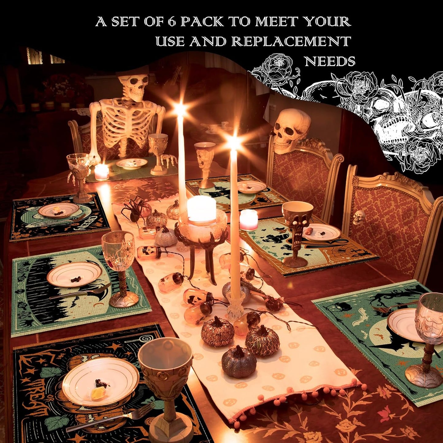 Umigy 6 Pcs Halloween Placemats 12"x18" Gothic Bat Placemats Kitchen Decoration Washable Witch Place Mats Rectangle Skull Table Mats for Halloween Dining Table Accessories(Scary)