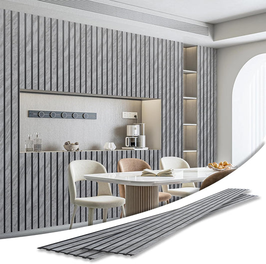 Art3d 4-Pack Glue-On Six-Grid Wainscoting Panel for Interior Wall Decor - 104 x 12 Inch Polystyrene Ultralight Slim Slat Wall Panels for Living Room Bedroom, Granite