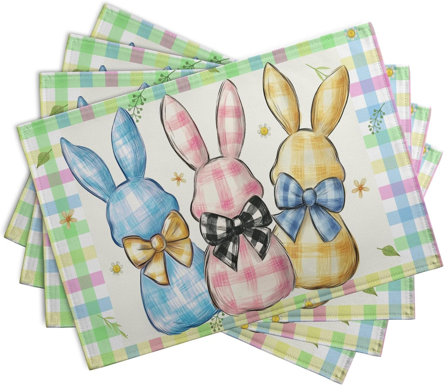 Easter Bunny Placemats Set of 4 Green Blue Pink Yellow Buffalo Plaid Rabbits Floral Bow Place Mats 12x18 Inch Happy Easter Table Mats for Spring Party Kitchen Dining Holiday Decor