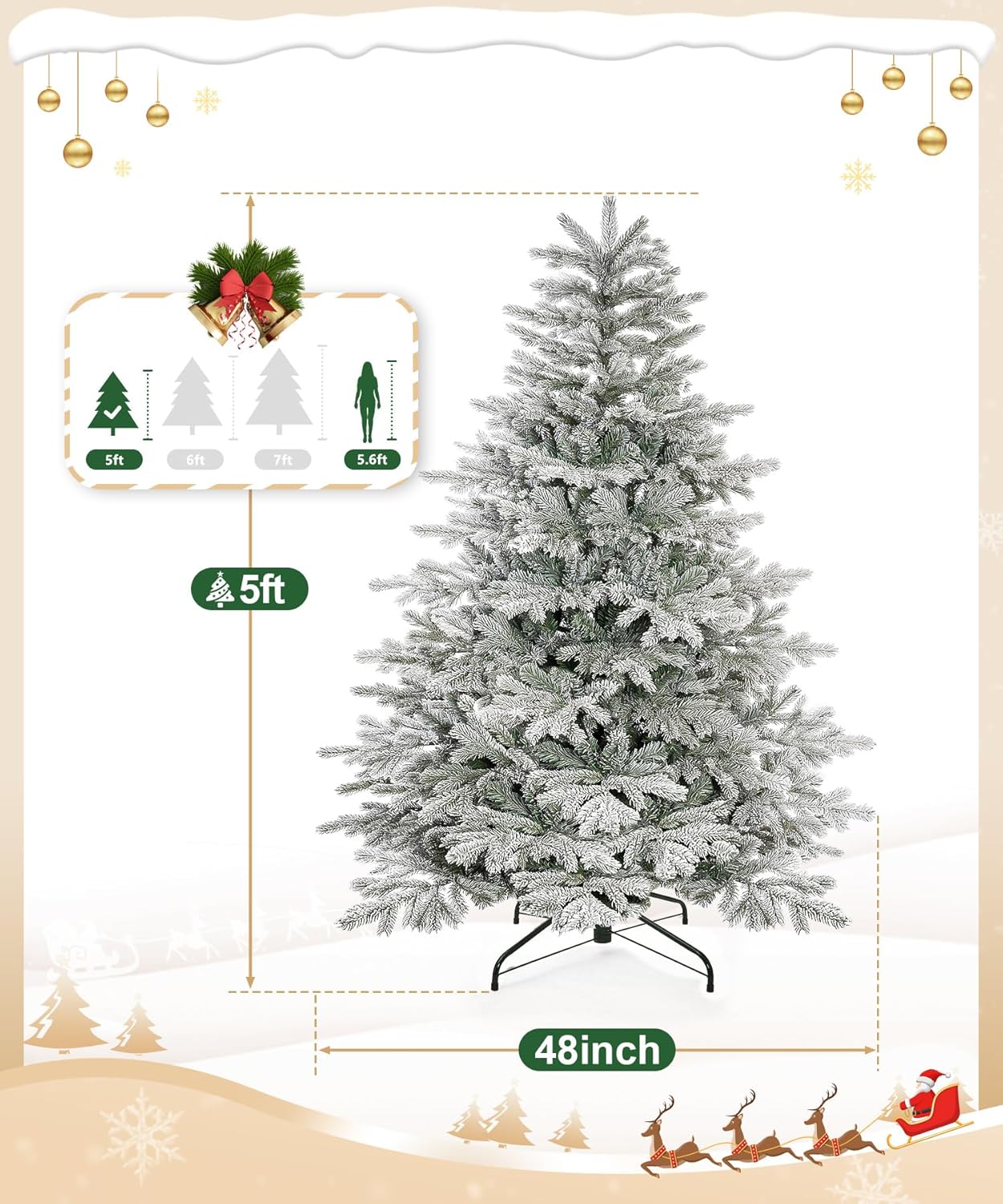 Decoway 5ft Artificial Christmas Tree, Unlit Snow Flocked Xmas Tree with 1081 Branch Tips and Sturdy Metal Stand for Indoor Outdoor Home Decoration