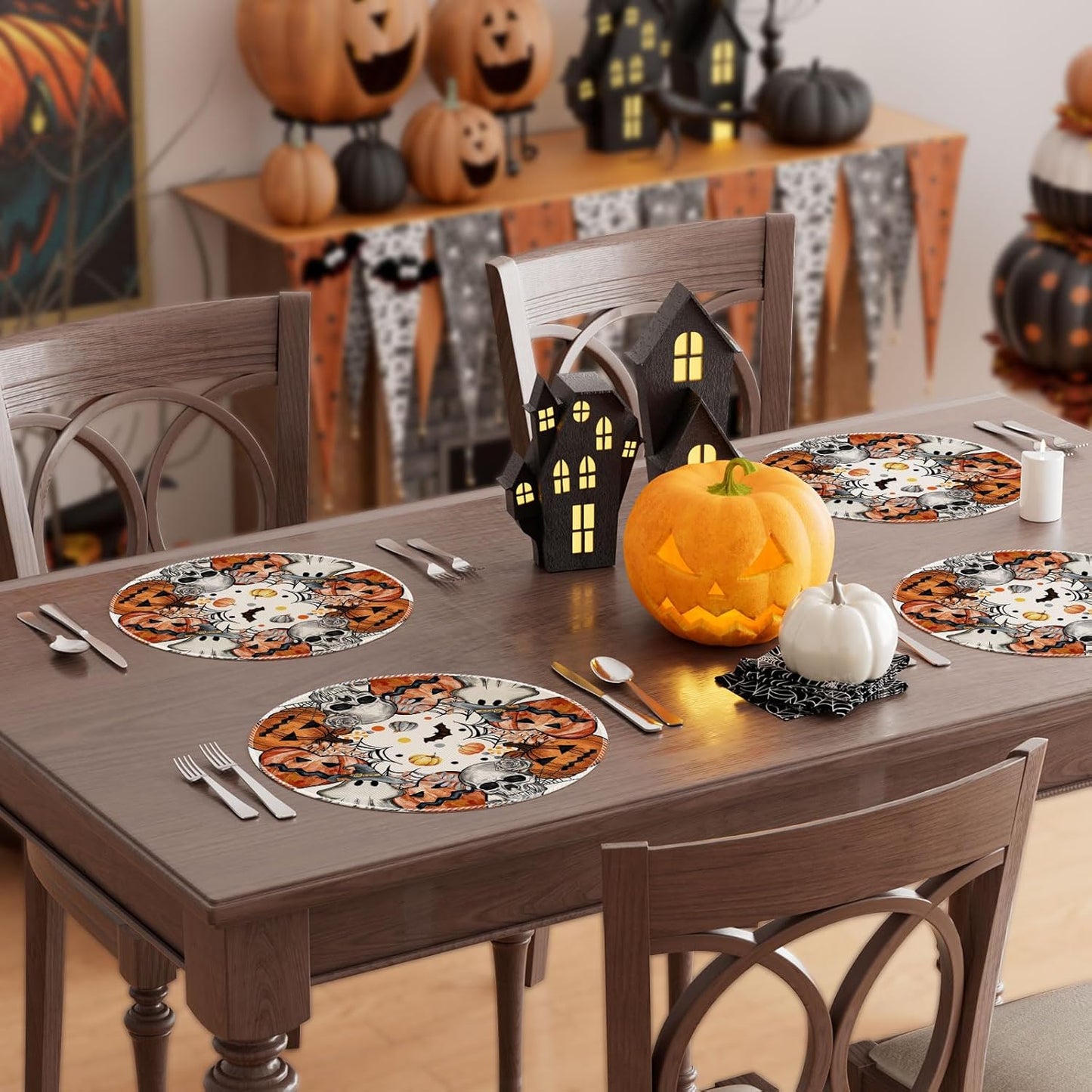 XCHI Spooky Skeleton Ghost Pumpkin Halloween Round Placemats Set of 4 Table Mats for Party Home Kitchen Dining Table Decorations 14x14 Inch