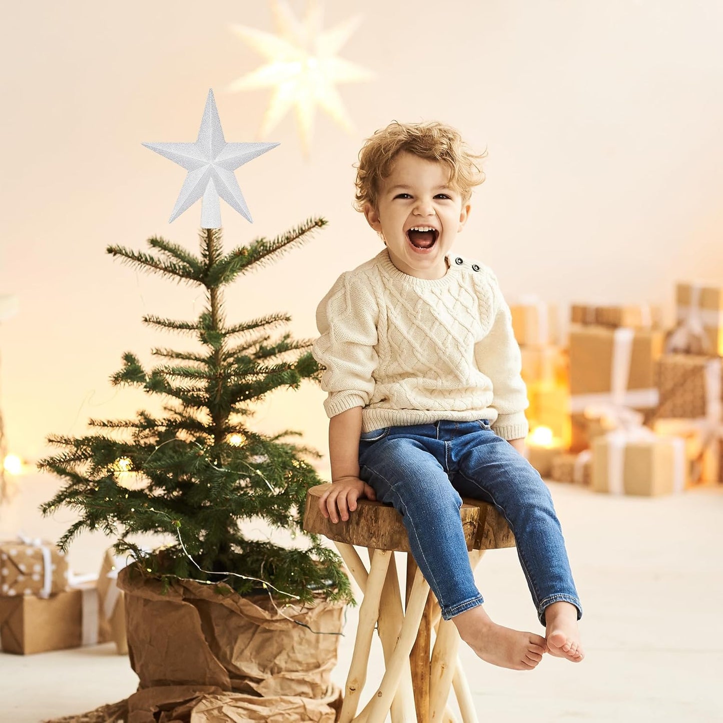 Christmas Tree Topper, 1PCS 4" White Glitter Star Tree Topper, 3D Xmas Shatter-Proof Mini Bethlehem Star Tree Topper Decorations, Waterproof Christmas Decor for Holiday Home Outdoor Ornament