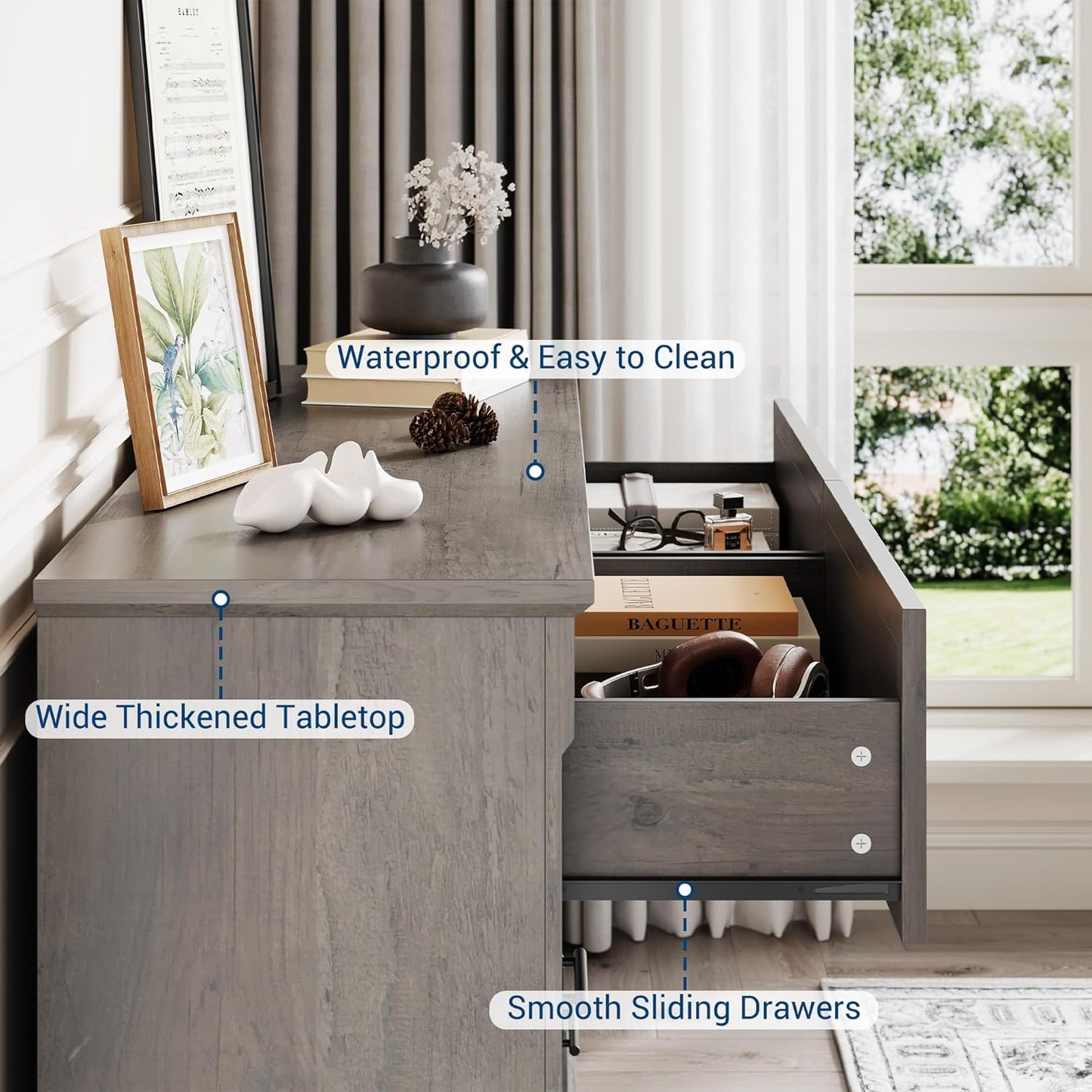 GAOMON Grey 6 Drawer Dresser for Bedroom, Farmhouse 47.2" Wide Chest of Drawers with Metal Handles, Rustic Double Wood Dresser, Storage Dressers Organizer for Living Room, Nursery