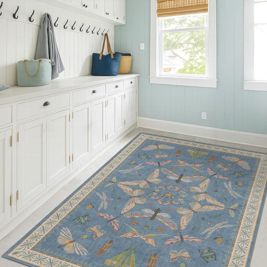 Washable 4x6 Small Rug for Living Room, Area Rug for Kitchen, Bedside, Large Entryway Indoor - Stain Resistant Non Slip with Rubber Backing, Insect Print Aethestic Décor, Light Blue & Aqua