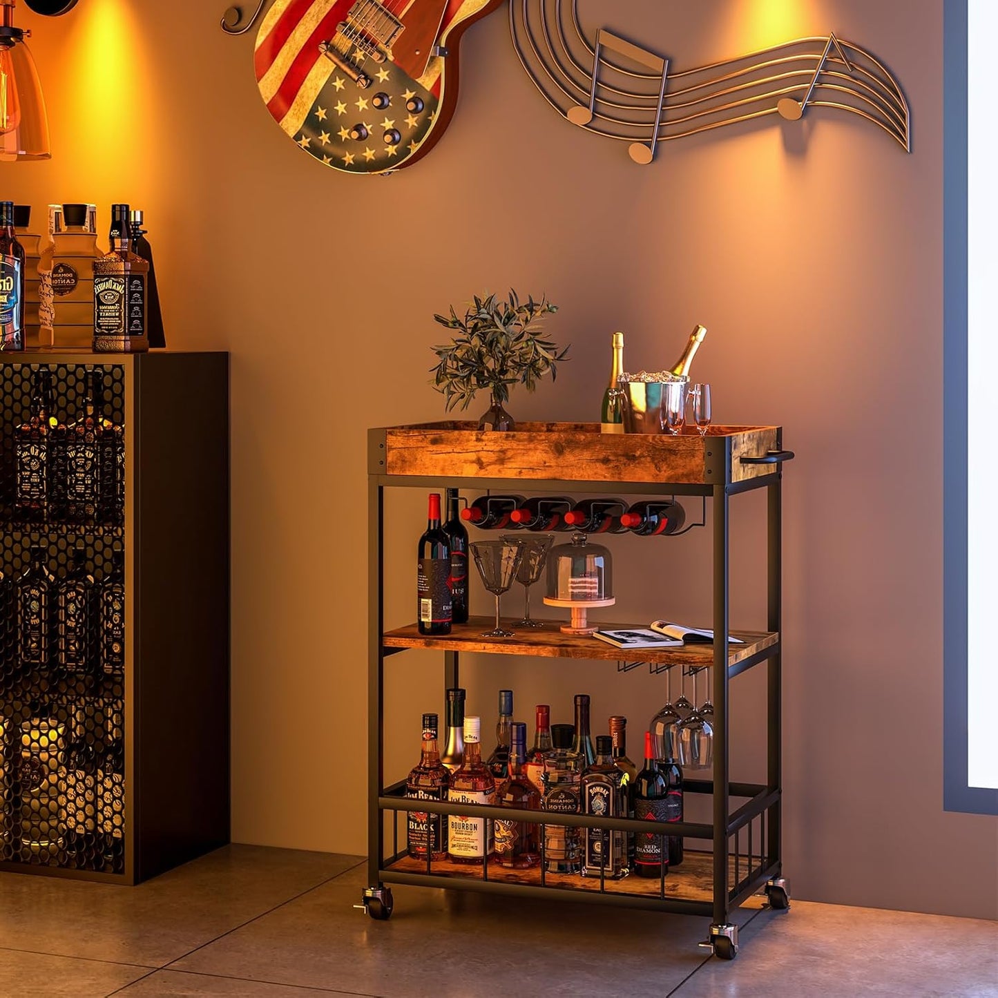 Bar Cart Serving Wine 3 Tier Home Rolling Rack with Wheels Mobile Kitchen Industrial Vintage Style Wood Metal Serving Trolley Serving Cart,Glass Holder Bar Cabinet