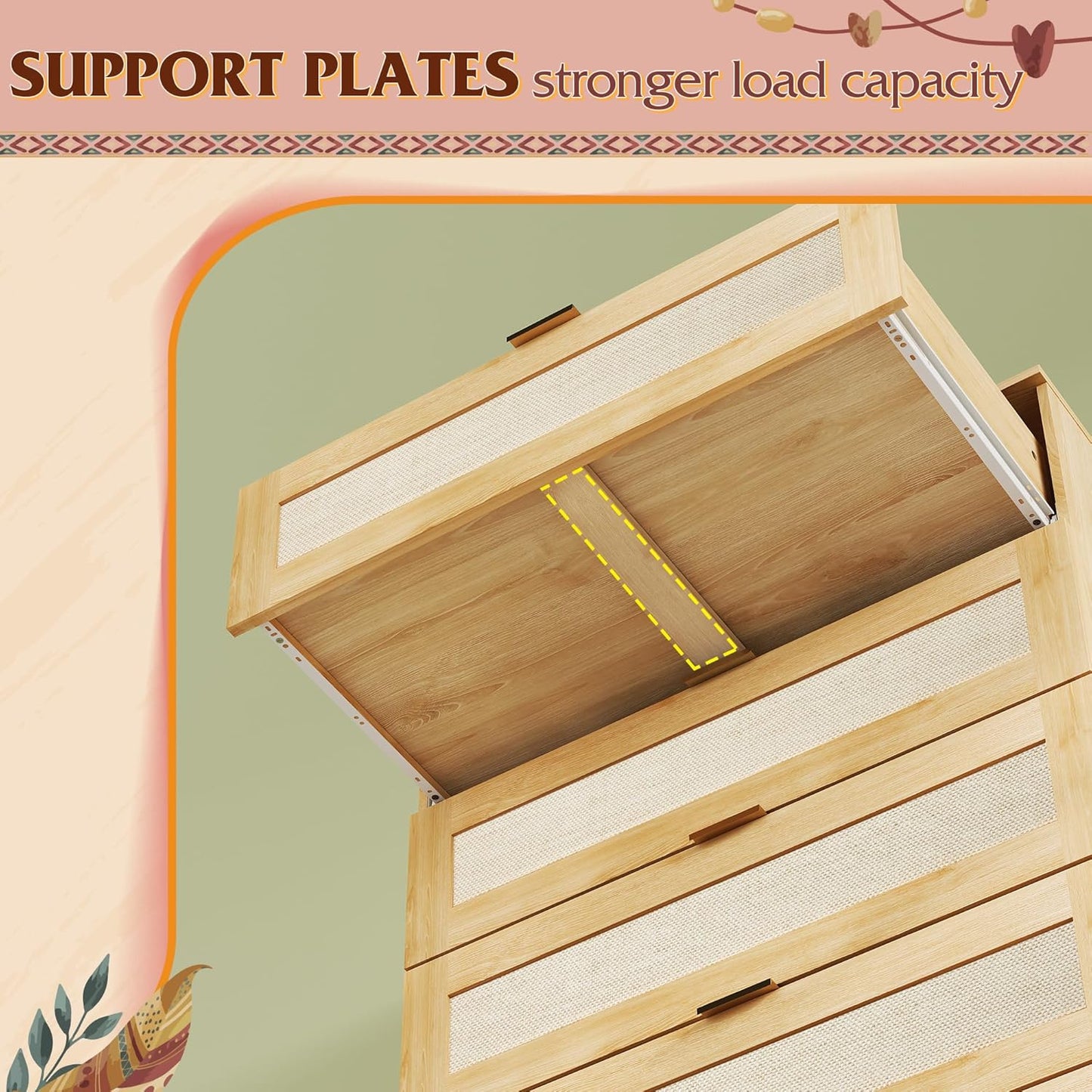 WLIVE Rattan Dresser for Bedroom, 5 Drawer Wood Boho Dresser Storage with Gold Metal Handle, Chest of Drawers for Living Room, Closet, Hallway, Light Oak