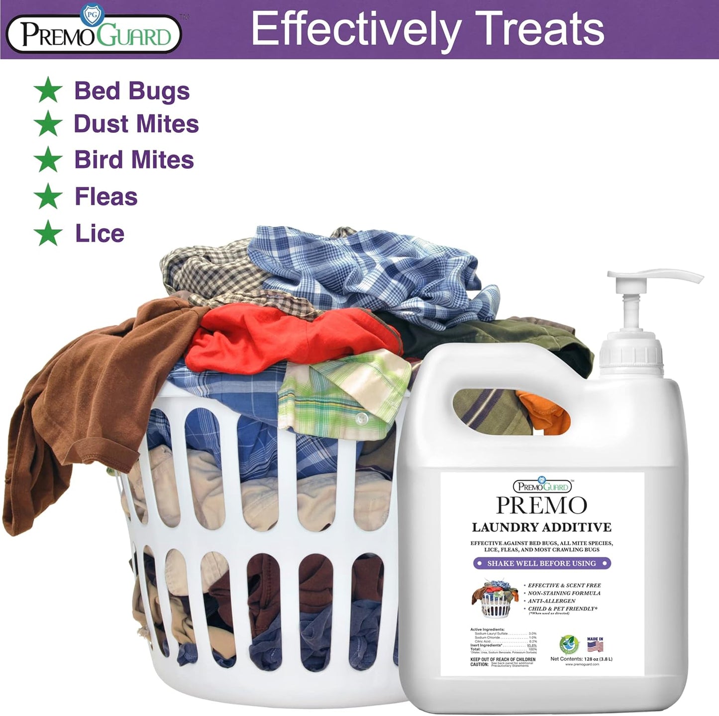 Premo Guard Bed Bug, Mite & Lice Laundry Detergent Additive 128 oz – Child & Pet Friendly – Stain & Odor Free – Best Natural Non-Toxin Treatment