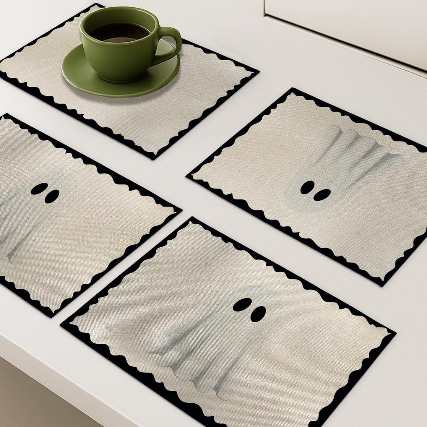 Halloween Ghost Placemats, 4Pcs Black&White Washable Heat Resistant 12×18 Inch Table Mats Cute Place Mats for Party Outdoor Decoration Kitchen Dining Décor