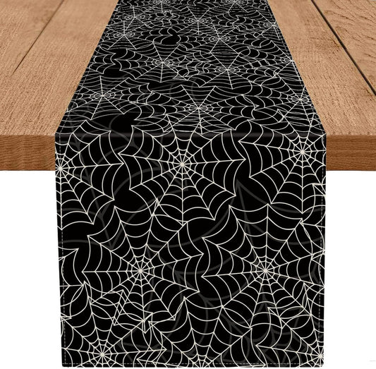 Halloween Table Runner Spider Web Black Linen Table Runners for Seasonal Holidays Indoor Outdoor Kitchen Dining Party Home Decor 13 x 60 Inch