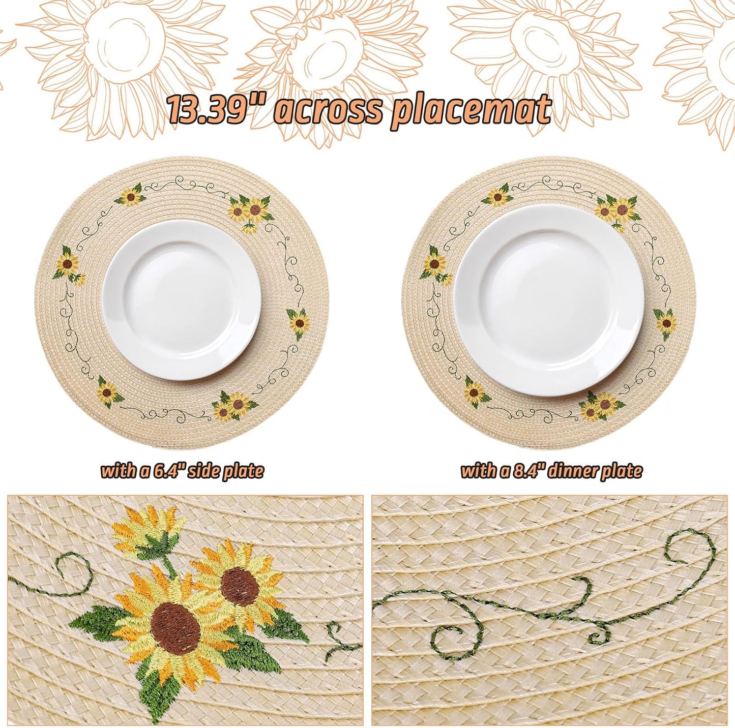Whaline 4Pcs Round Sunflower Placemats Spring Summer Flower Embroidered Place Mats Floral Dinner Table Mats for Home Holiday Birthday Baby Shower Party Decor