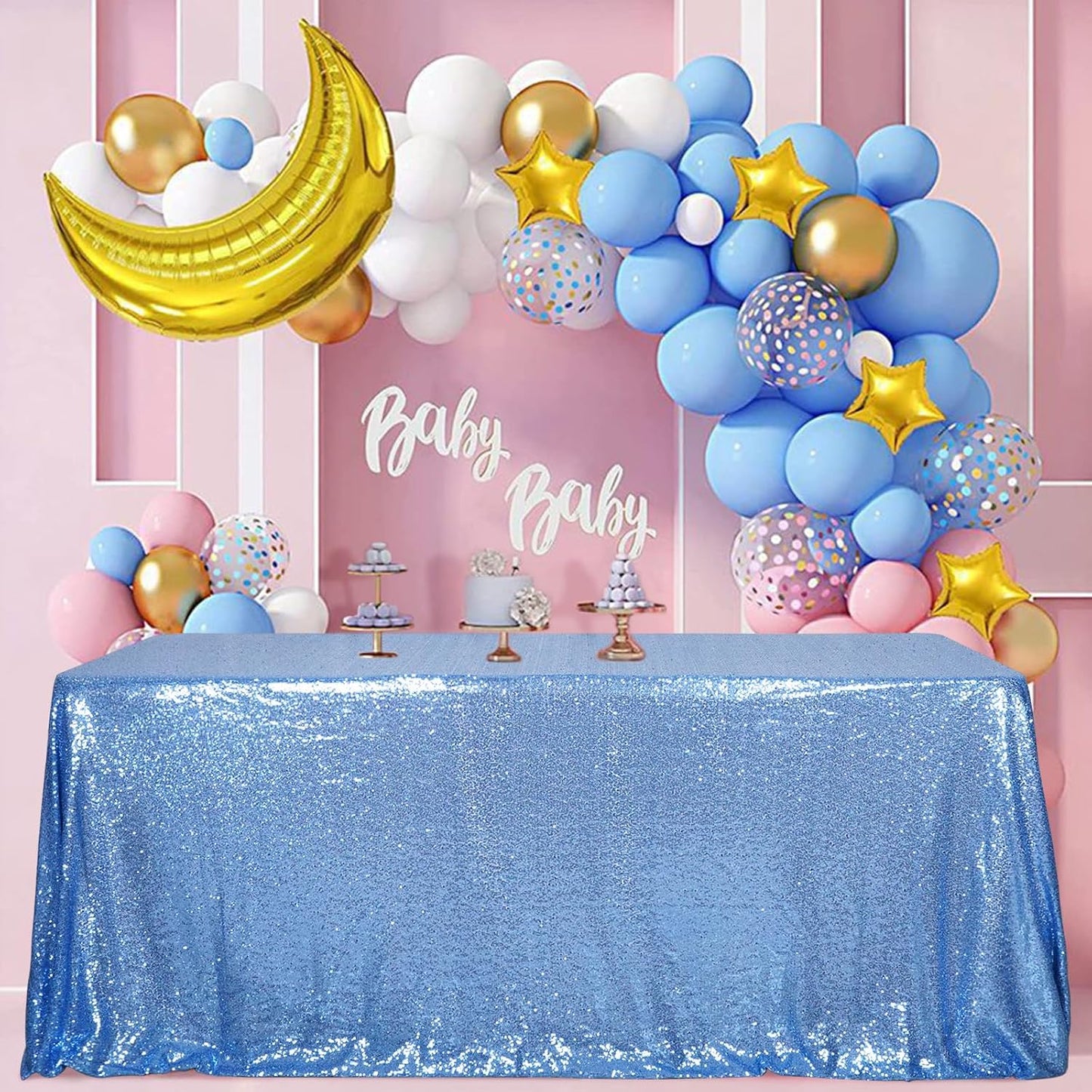 SquarePie Sequin Tablecloth 90 x 156 Inch Baby Blue Sparkly Table Linen for Wedding Party