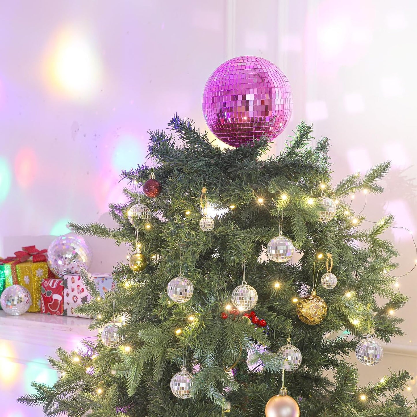 Retisee 8'' Pink Disco Ball Christmas Tree Topper Disco Mirror Ball Xmas Tree Topper 3D Hollow Pink Disco Ball Decor Disco Ball Ornament for 70s Disco Holiday Wedding Birthday Party Decorations