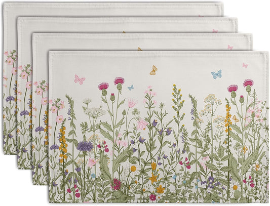 Rustic Wildflower Floral Placemats Set of 4 Spring Summer Vintage Flowers Plants Herbs Linen Table Mats 12x18 Inch Seasonal Flower Decorative Place mats for Farmhouse Kitchen Dining Decoration