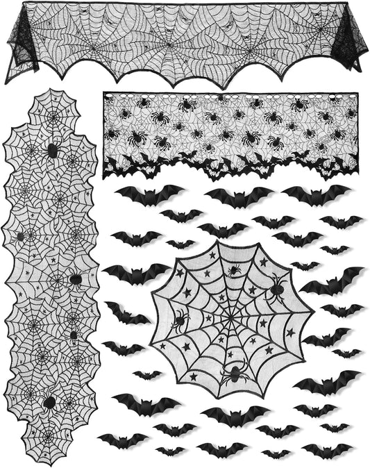 eZAKKA 5 Pack Halloween Decorations Indoor Halloween Spider Web Tablecloth Table Runners Fireplace Mantel Scarf Cobweb Lampshade Scary 3D Bats for Parties Gothic Spooky Home Decoration