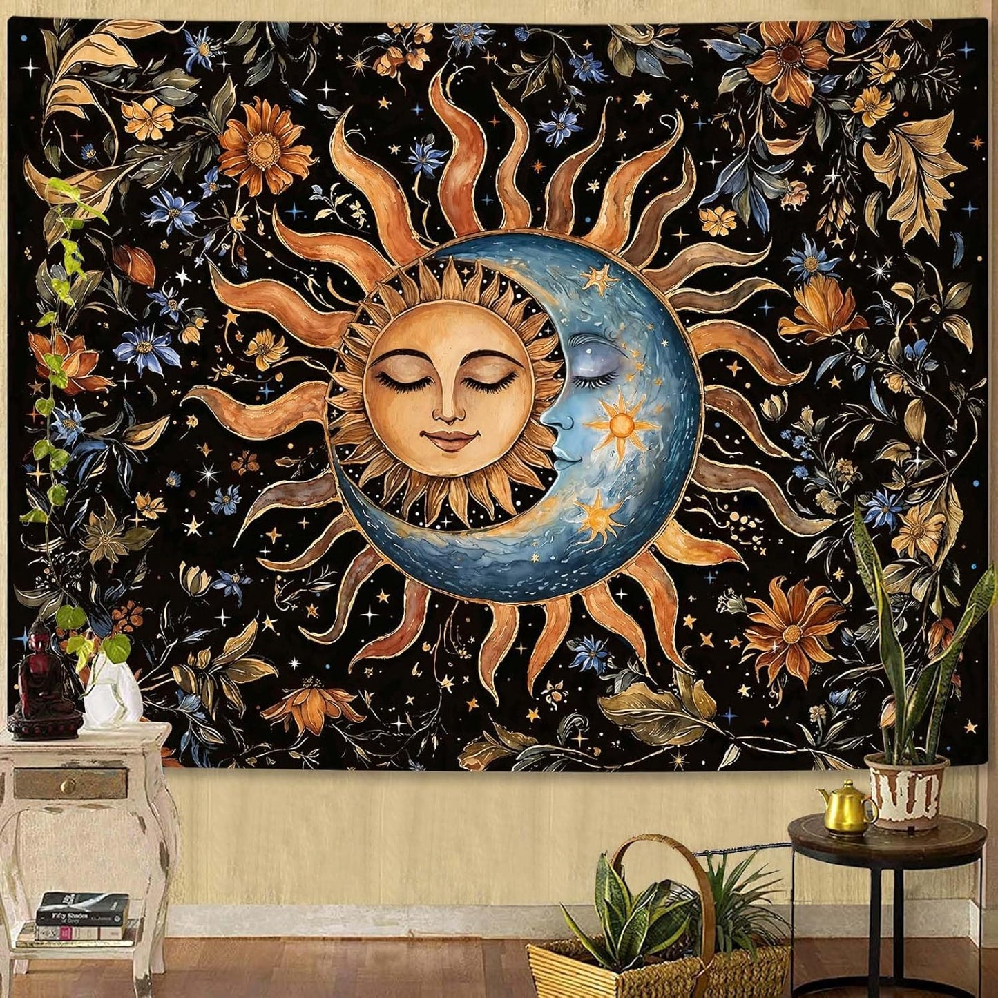 Aipon Sun and Moon Tapestry for Bedroom Boho Vintage Floral Hippie Wall Tapestry Aesthetic Retro Flower Plant Large Tapestries Wall Hanging for Living Room Dorm Decor 90 x 68 Inch