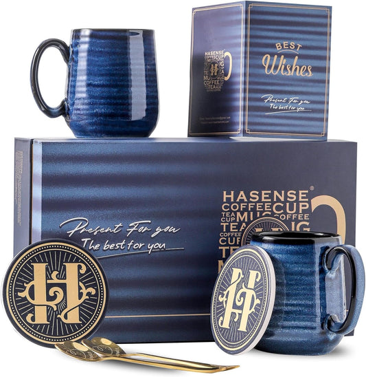 Hasense Coffee Mugs Set of 2, 12oz Ceramic Glazed Mugs with Handles, Blue Reactive Glazes Tea Cups Gift Set for Men and Women, Includes Gold Spoon & Coaster