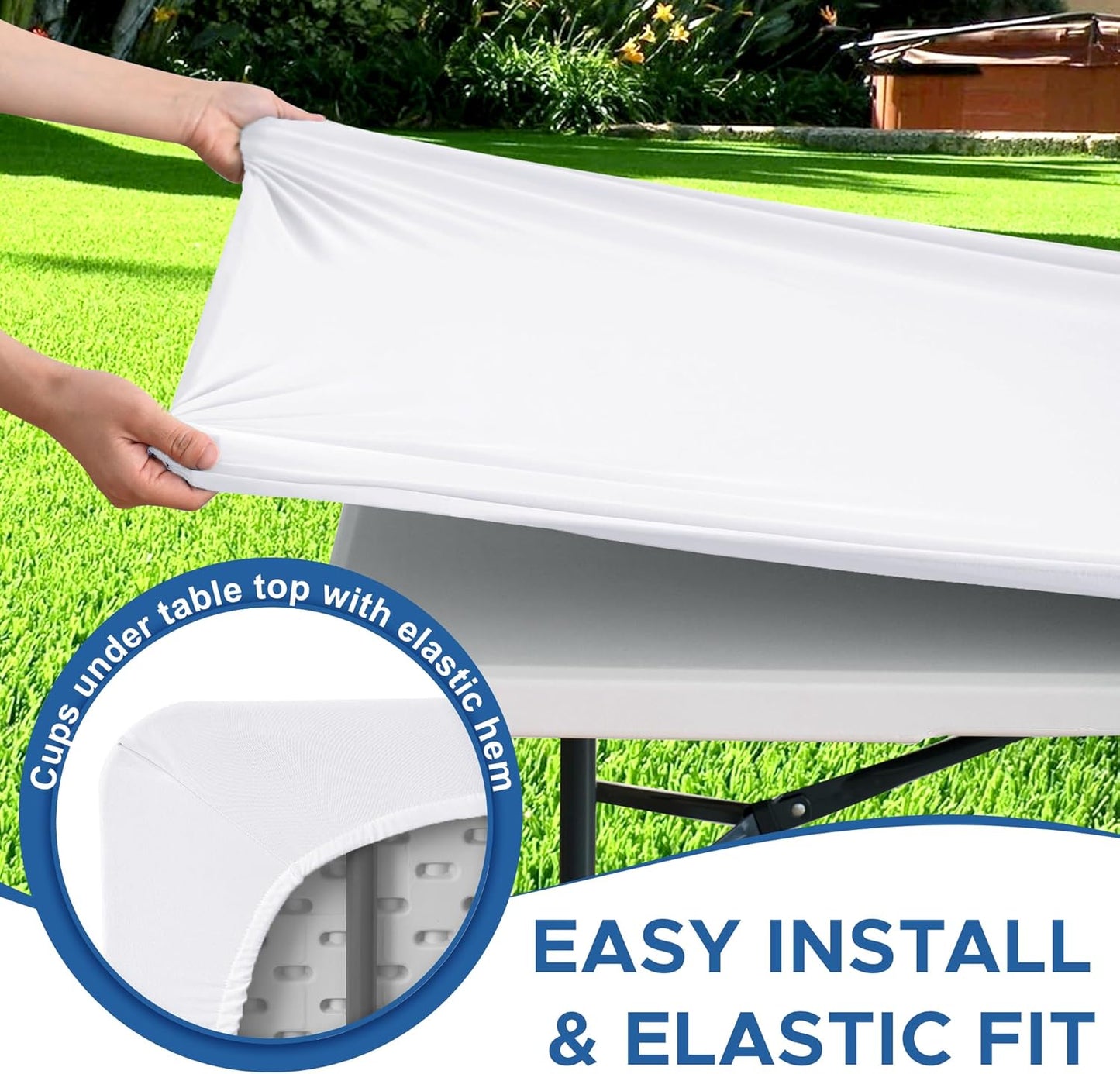 Fitted Tablecloth for 6 Foot Rectangle Tables-2 Pack White Elastic Outdoor Picnic Table Cover-Spandex Stretch Folding Table Cloths 6 ft for Camping Dining Room Patio Kitchen Banquet Party
